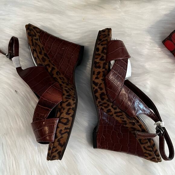 NEW RARE Spiegel Leather Platform Slingback Wedges Chocolate Leopard Sz 5.5 NWP - Picture 2 of 16
